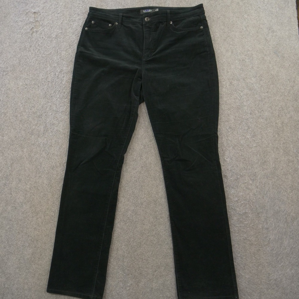 Ralph Lauren Pants Womens 14 Black Corduroy Slim Straight High Rise Zip Fly